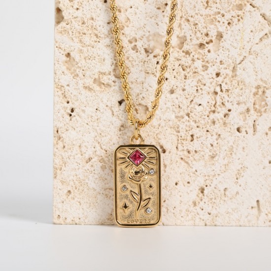Rose Flower Necklace Small Square Necklace Retro Pendant Necklace with Rhinestones   for Women