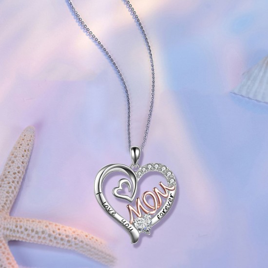 Necklace with Letters for Mom Heart-Shaped Pendant Necklace with Rhinestones Mothers  Day Gift