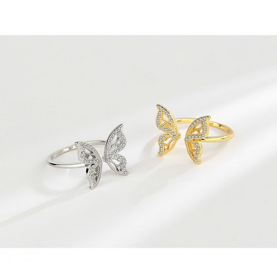 Butterfly Ring with Rhinestones Open Finger Ring for Women Girls Jewelry Gift